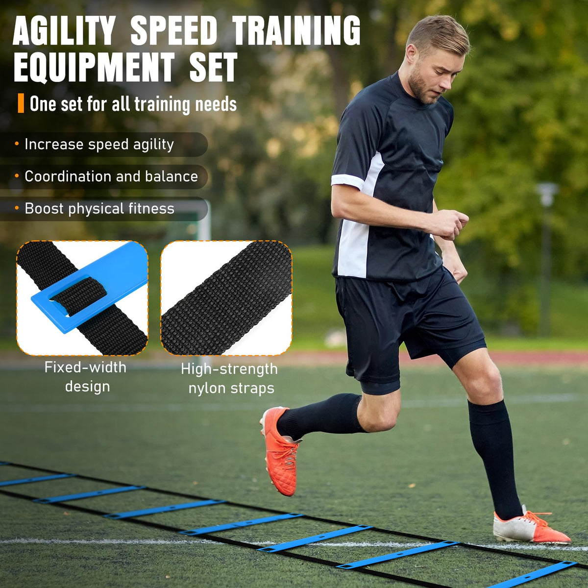 MUROZA Agility Ladder, Football Training Equipment Set, 20ft Speed Ladder, 12 Soccer Cones, 4 Hurdles, Jump Rope, Running Parachute, Soccer Football Basketball Training Equipment Accessories