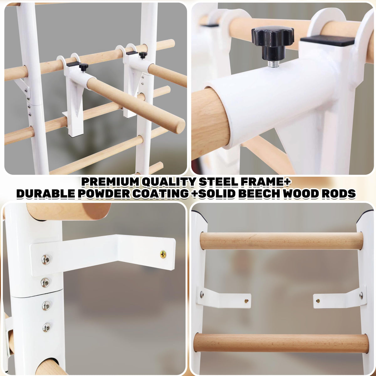 PreGymnastic Stall Bars, Swedish Ladder for Adult and Kids, Wall Bar with Solid Beech Wood Rods, Durable Steel Frame, Adjustable Pull Up and Dip for Strength, Flexibility at Home Gym, Studio