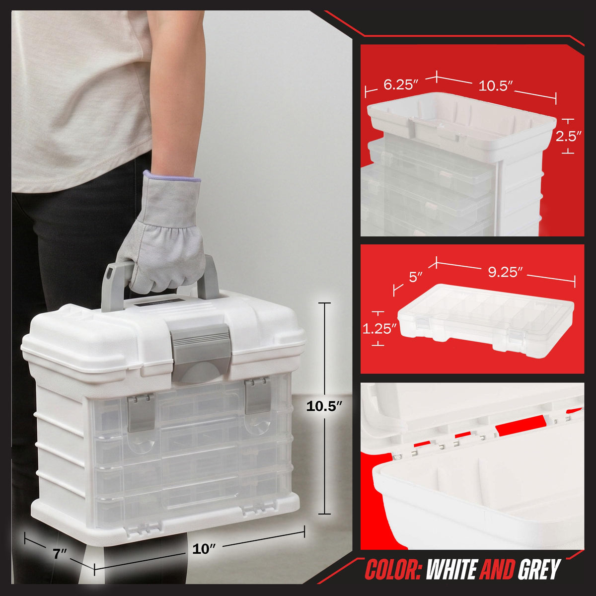 Portable Tool Box - Small Parts Organizer with Drawers and Customizable Compartments for Hardware, Fishing Tackle, Beads or Crafts by Stalwart (White)