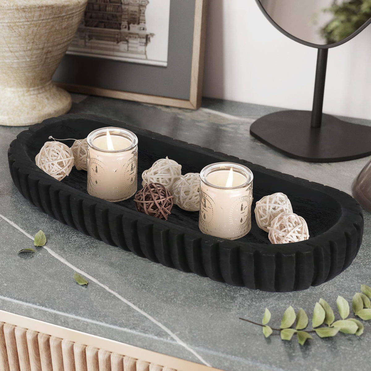 Oakrain Wooden Decorative Bowl for Home Decor, 16" Rustic Dough Bowl with Hand Carved Vertical Stripes, Long Wood Tray for Table Centerpieces, Matte Black