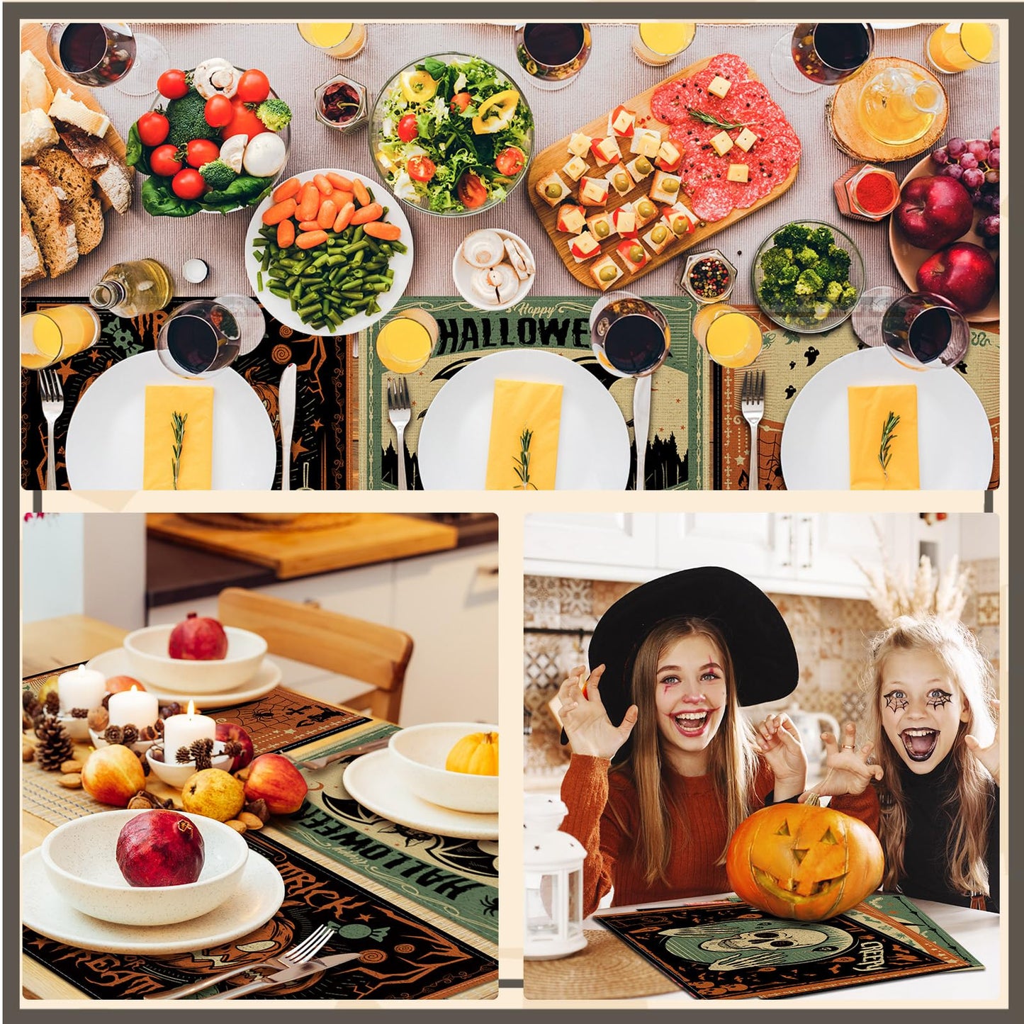 Umigy 6 Pcs Halloween Placemats 12"x18" Gothic Bat Placemats Kitchen Decoration Washable Witch Place Mats Rectangle Skull Table Mats for Halloween Dining Table Accessories(Scary)