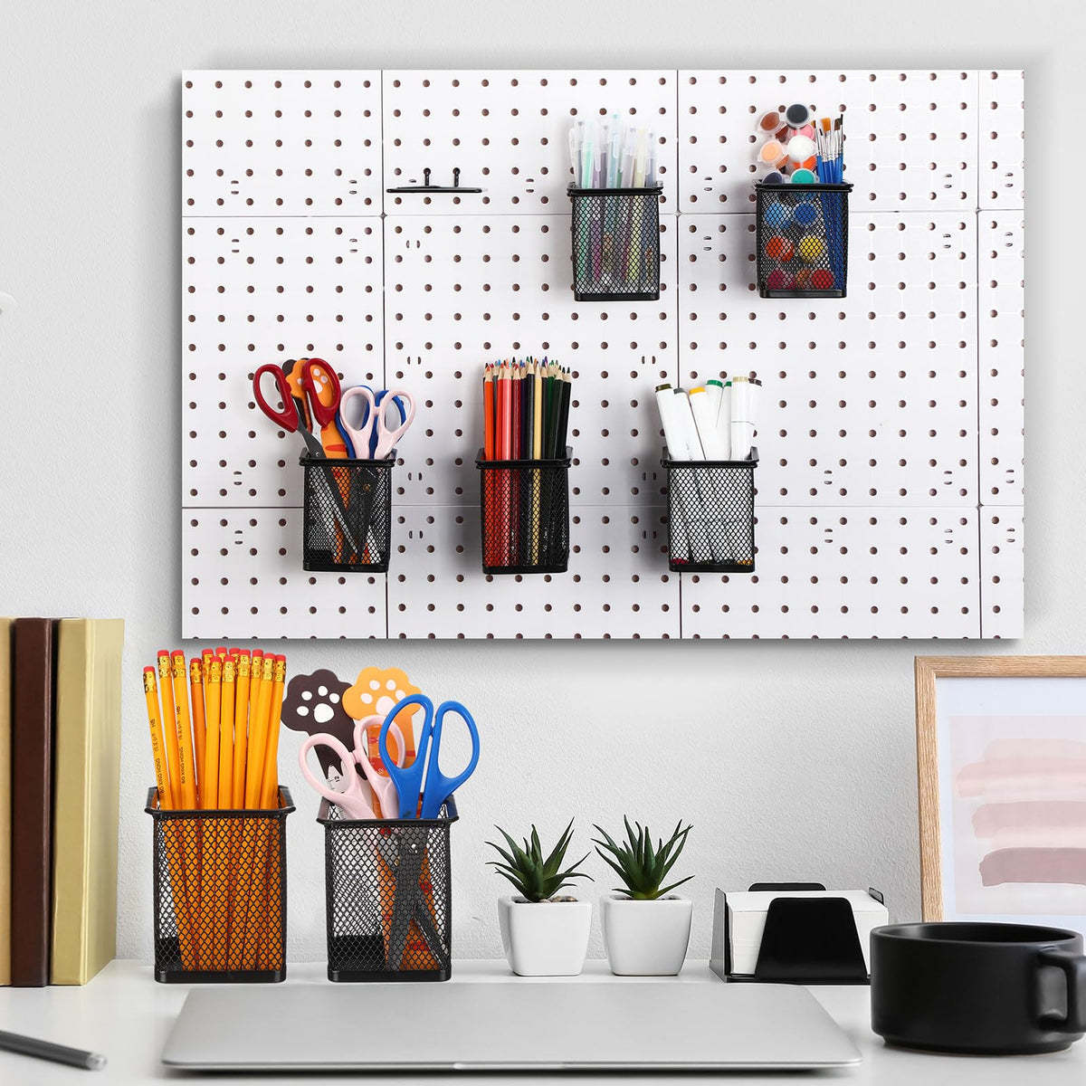 Colingmill 6 Sets Pegboard Cups with Hooks Pegboard Pencil Holder Bin Organizer Black Square Peg Board Accessories Metal Pencil Holder Cup for Home Office Workbench Craft Room Workshop Garage Tool
