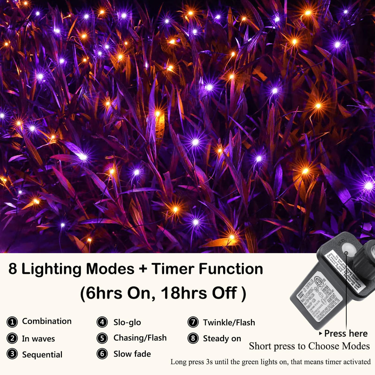 Joomer 12ft x 5ft 360LED Orange Purple Halloween Net Lights Outdoor Mesh lights, 8 Modes Timer Connectable Waterproof Bush Light Mesh Netting Light for Halloween Outdoor Decorations (Green Wire)
