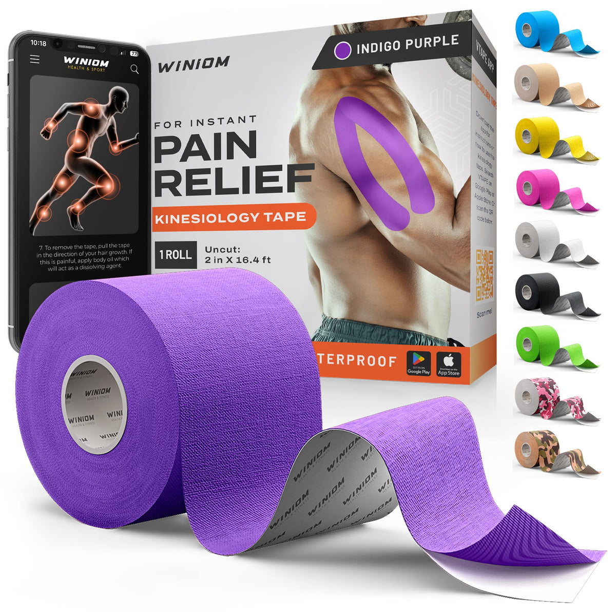 WINIOM Kinesiology Tape - Waterproof Athletic Sports Tape for Knee, Shoulder, Arm & Back Support | 3-5 Day Adhesion, Hypoallergenic & Latex-Free + Taping Guide (Uncut, 2" x16.4ft Roll, Indigo Purple)