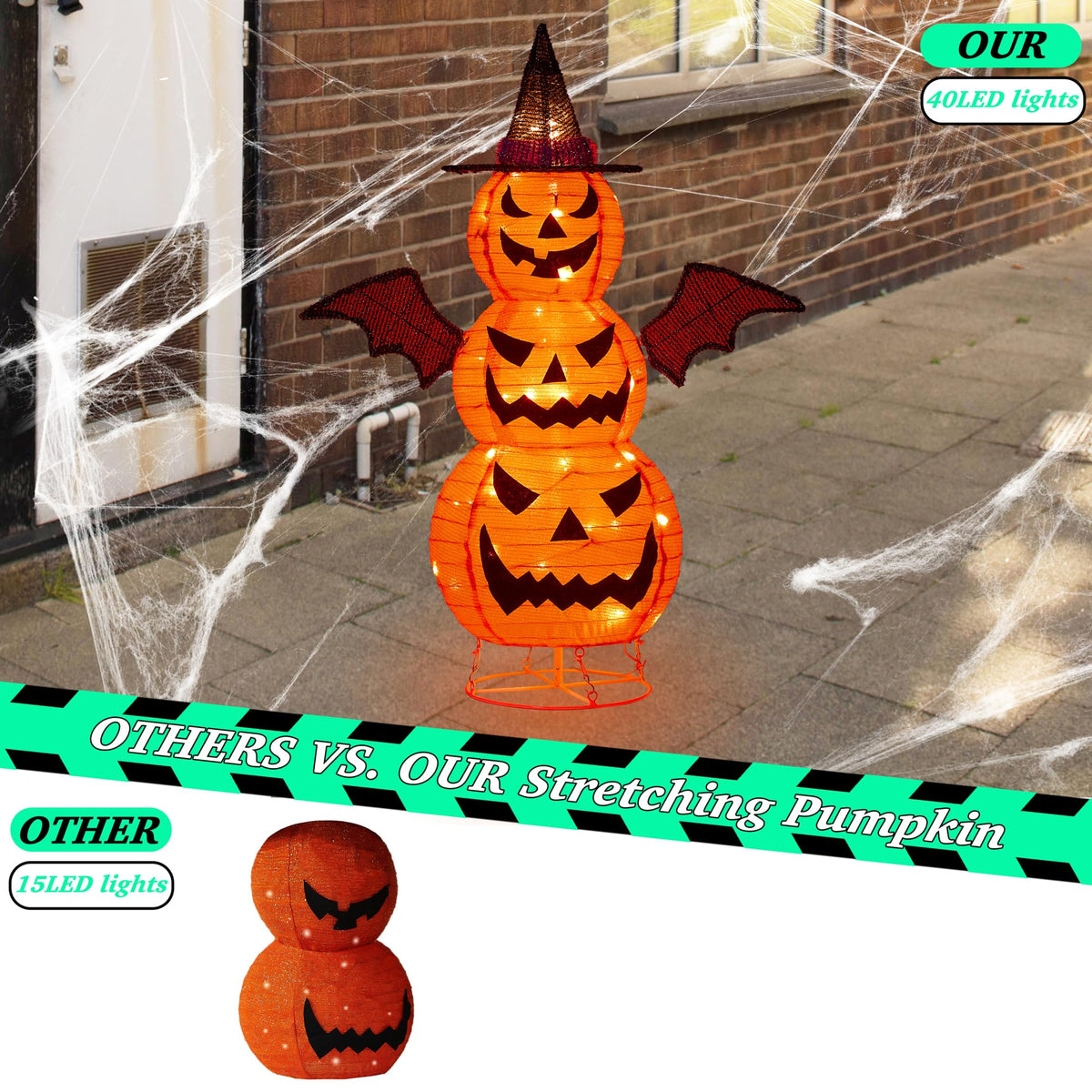 3FT-Halloween Decorations Outdoor – 37 Inch Collapsible Pumpkin Man with 40 LED Lights, Stretchable Pop Up Jack-o'-Lantern for Yard, Garden, Porch, Party Decor