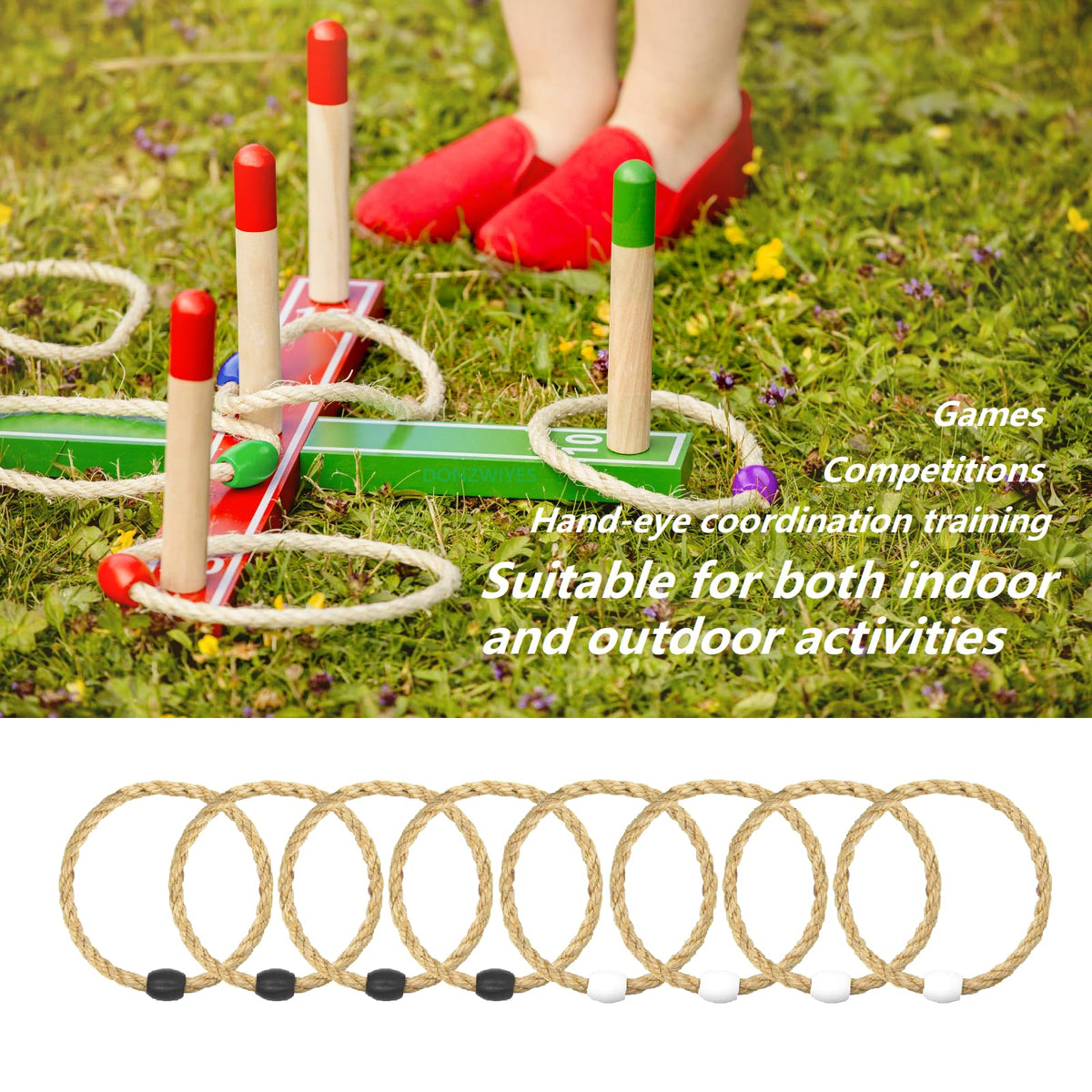 8 Pack Sisal Rope Ring Toss Game Replacement Parts for Adults and Kids, Outdoor Toss Rings for Agility Practice and Speed Game and Yard Games and Lawn Games for Party (Black and White)