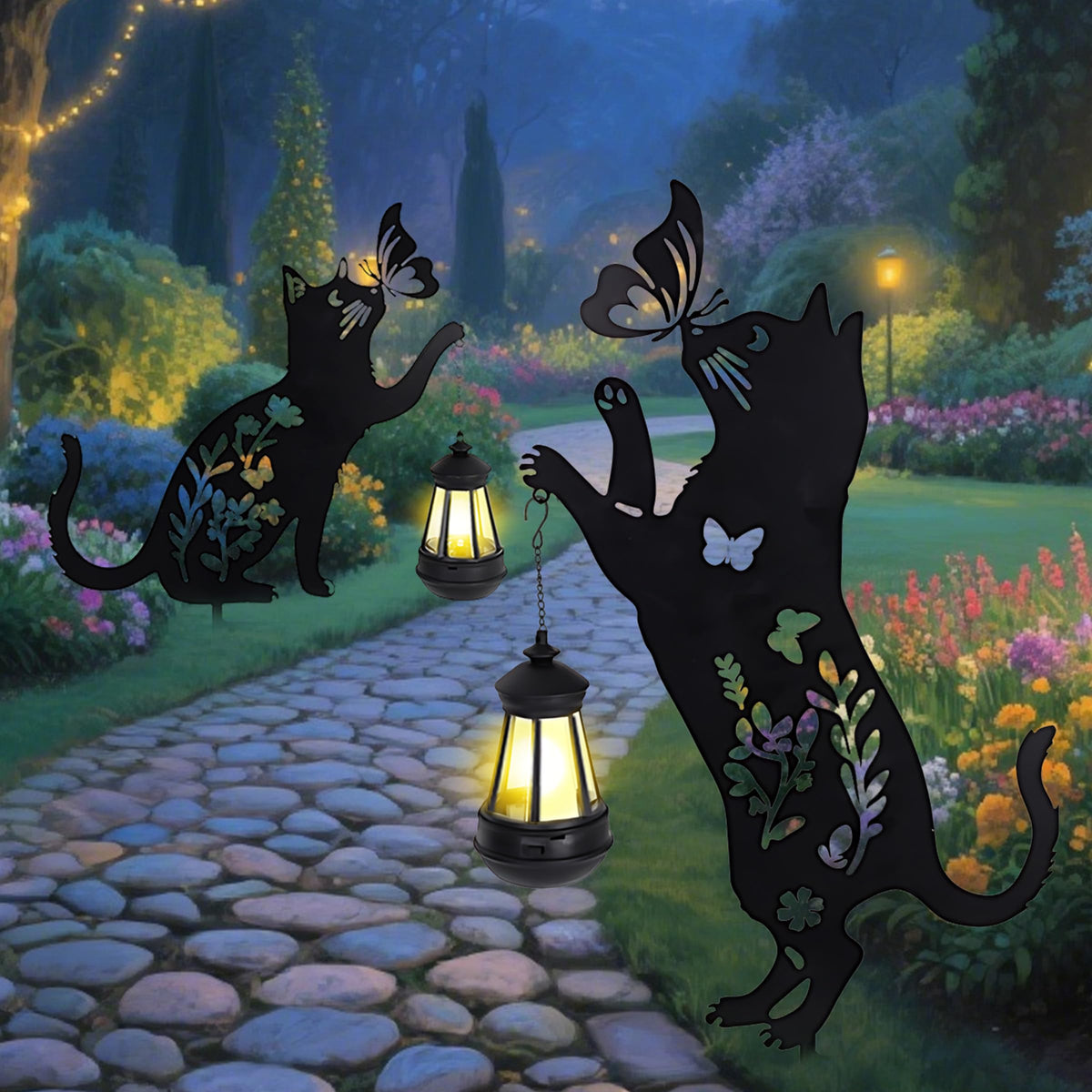 Cat Solar Lights Outdoor Garden, 2 pcs Lantern Stakes Decorative Black Ornament with Butterfly,Metal Garden Decor Art for Outside Lawn Yard Patio, Cat Yard Art Gifts for Halloween,Christmas