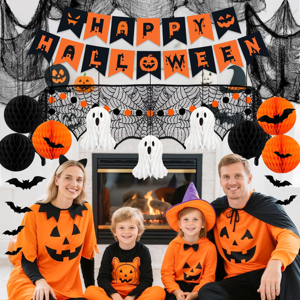 Halloween Party Decorations, 29Pcs Halloween Indoor Decorations Kit with Mantel Scarf Creepy Cloth Fabric Hanging Ghost Happy Halloweens Banner 3D Bat Stickers for Home Fireplace Wall Decor