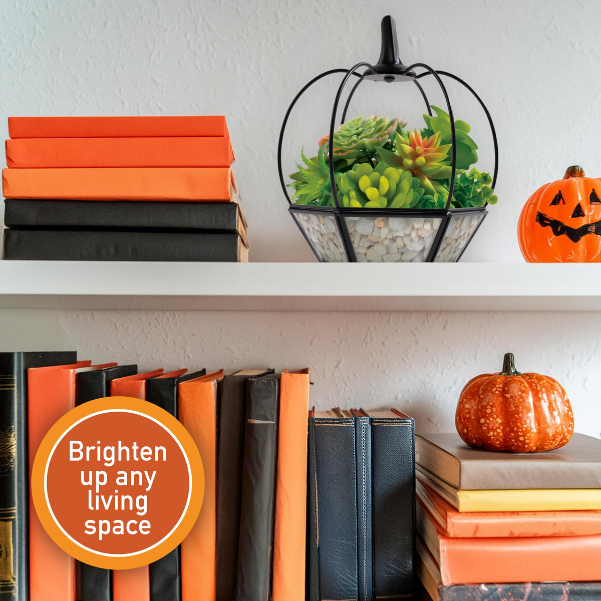 Thanksgiving Table Centerpiece - Pumpkin Glass Terrarium (7x7x8)- Rustic Fall Tabletop Decor - Artificial Pumpkin for Home, Kitchen, Office Decorations- Autumn Plant Garden Display- Black Trim Planter