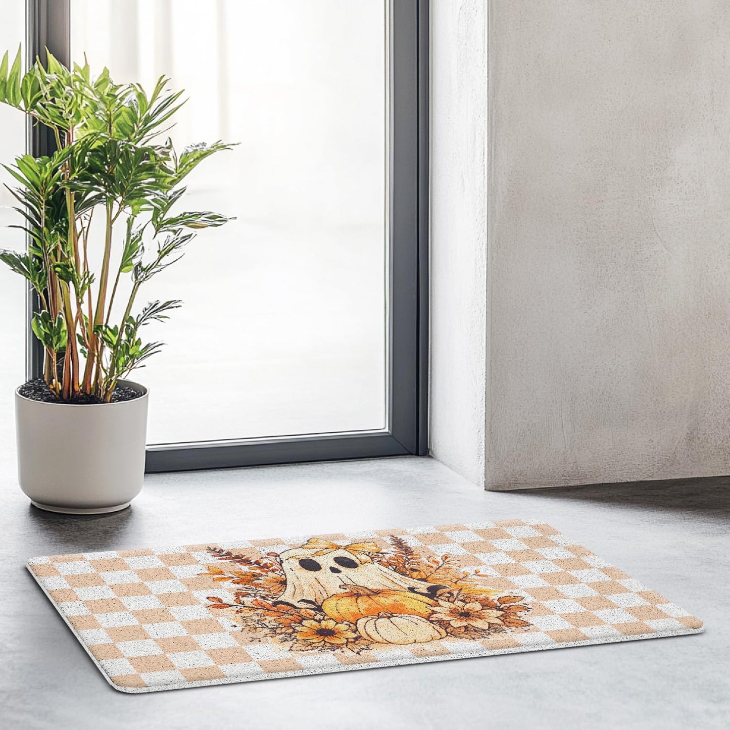 JINYO Halloween Ghost Door Mat, Fall Floral Ghost Pumpkin Doormat Indoor Outdoor Entrance Entryway Porch, 70s Retro Orange Checkered Halloween Welcome Mats, 17x30 Inch