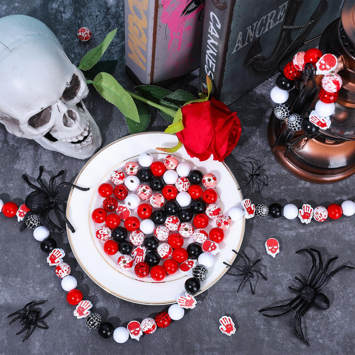 Whaline 130Pcs Halloween Wood Beads 16mm Bloody Trick or Treat Wooden Beads Spider Web Craft Spacer Bead for Necklace Bracelet Jewelry Making DIY Decor, Red Black White