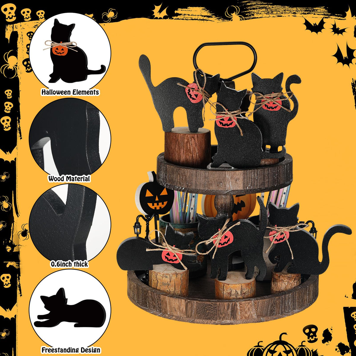 Pinkunn 6 Pcs Halloween Wood Decors with Pumpkin Black Cat Silhouette Decor Wooden Tiered Tray Sign for Home Table Mantel Party Centerpiece