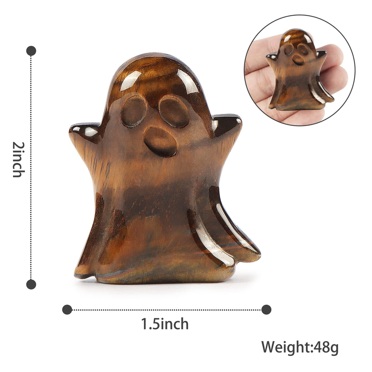 Artistone Tigers Eye Crystal Ghost Statue 2 inch Ghost Figurine Natural Gemstone Hand Carved Statue for Halloween Carnival Home Decor Desk Decoration