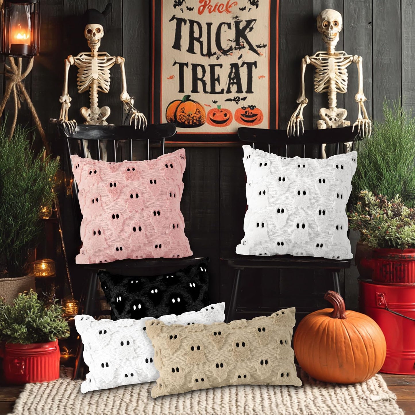 Lanpn Halloween Pillow Covers 18x18 Set of 2, Ghost Throw Pillowcases Soft Plush Faux Fur Wool Decorative Pillow Cover 18x18 Cushion Covers for Sofa Couch Chair Bed Halloween Home Decor (Black)