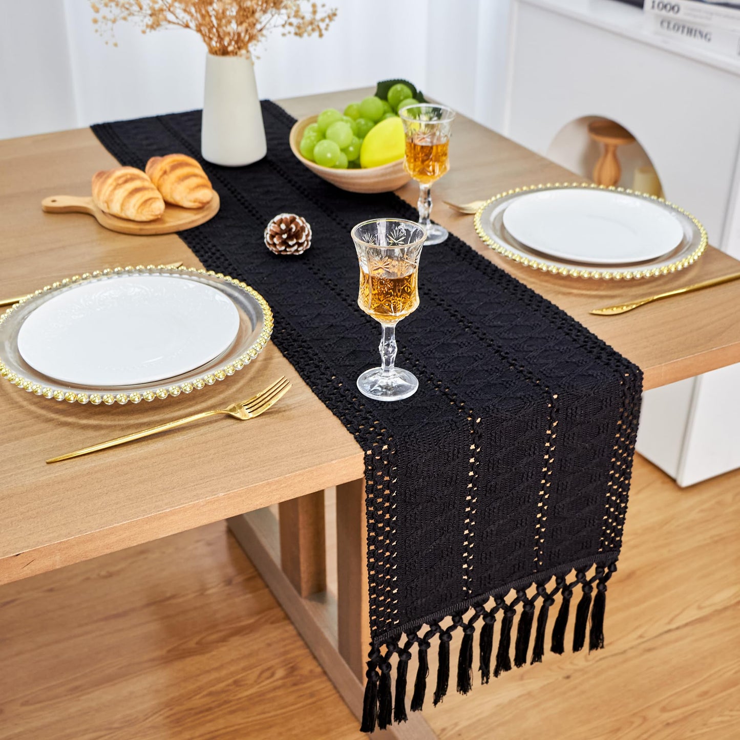 FEXIA Black Table Runner for Summer Home Decor with Tassels 108 Inches Long Farmhouse Rustic Black Halloween Table Runner Macrame Gothic Burlap Table Decoration for Living Room (12x108 Inches)