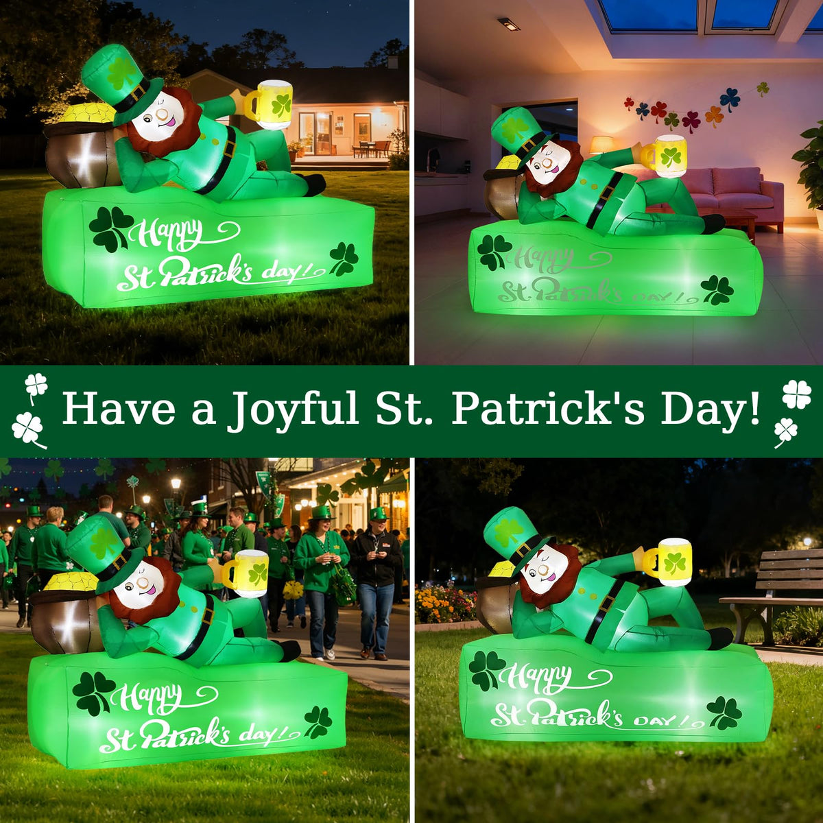 Lewondr 5.9FT St Patricks Day Inflatable Outdoor Decorations, Inflatable Leprechaun Lay on The Bed with Shamrocks, Blow up Yard Decoration with 6 Build-in Lights for Holiday Party Yard Lawn Garden