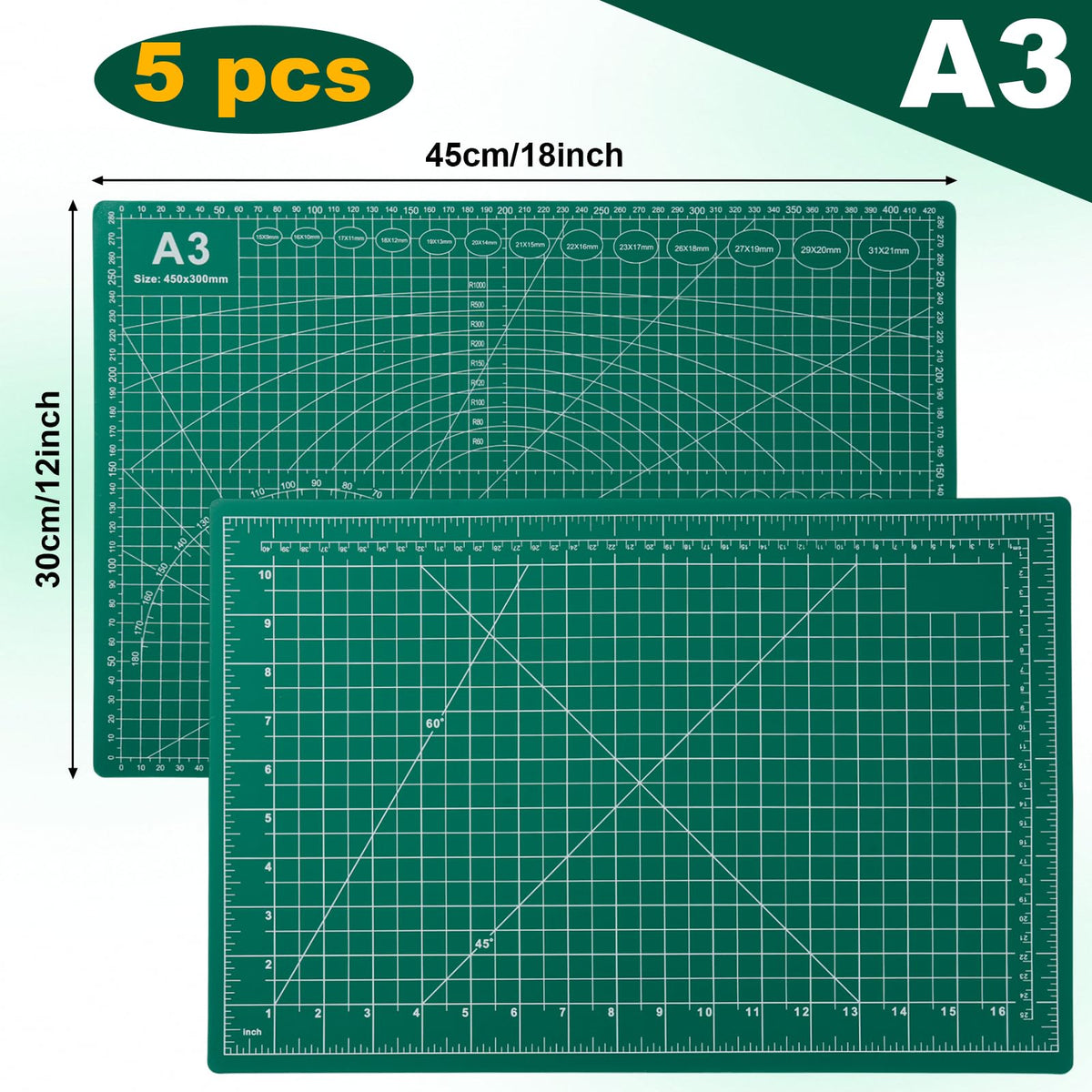 A3 Self Healing Cutting Mat Set, 5 Pack Double-Sided PVC Cutting Mats for Crafts with Inch, Metric, and Angle Guides for Sewing, Quilting, and DIY Cutting