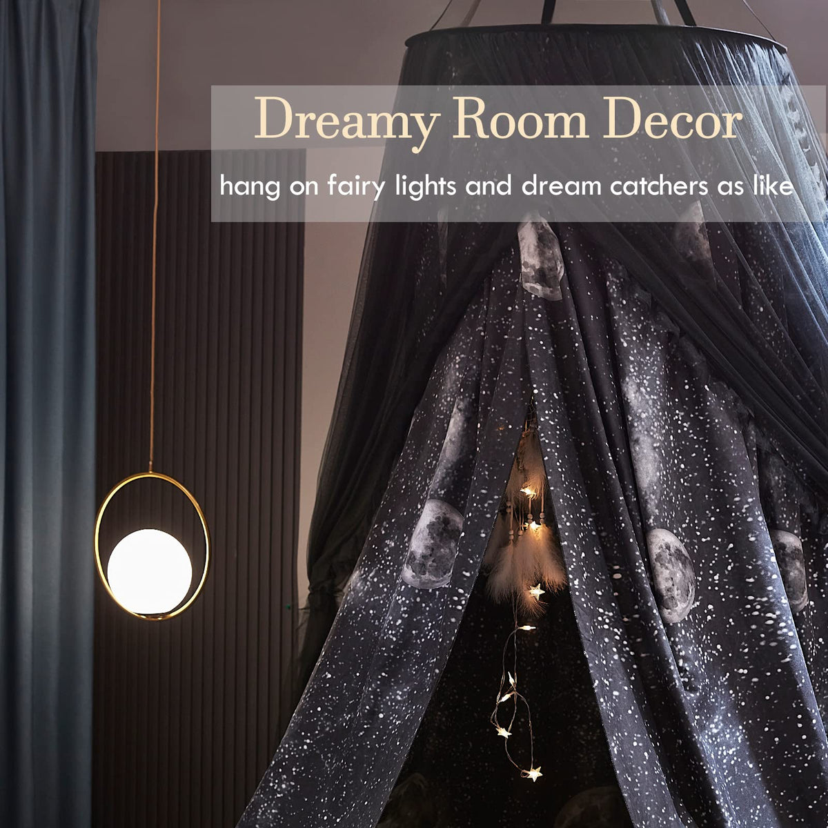 Kertnic Gorgeous Moon Printed Printed Bed Canopy for Girls & Adults, Room Decorative Cozy Bed Curtain Canopy Drapes, Round Dome Luxurious Lace Princess Canopies Mosquito Netting (Print Moon)