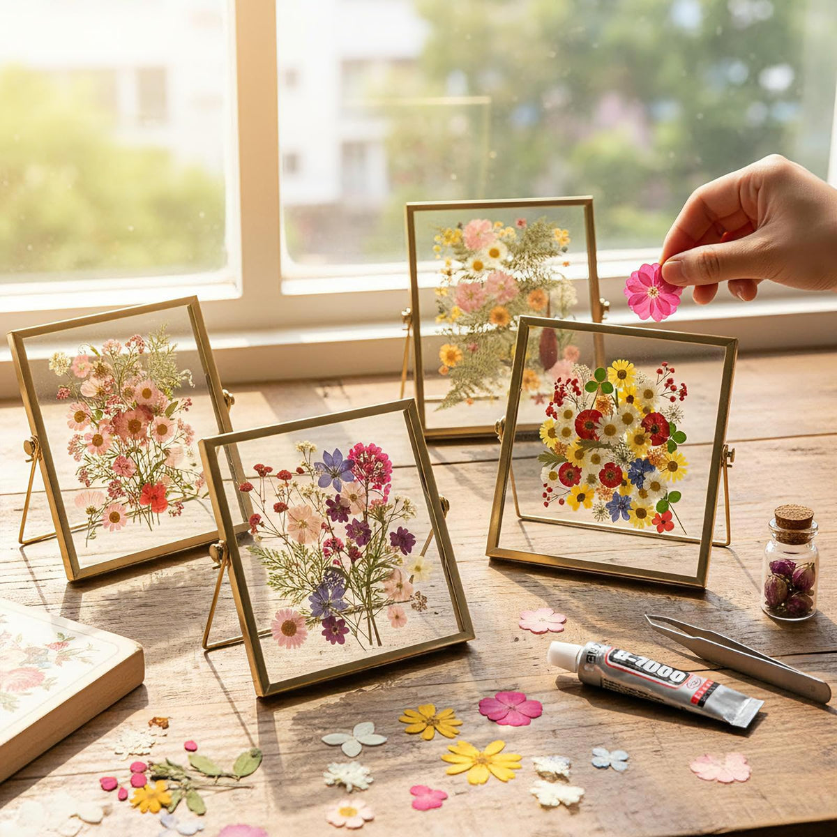 Thyle Flower Frame Pressed Kit, Include 4 Pcs Gold Metal Picture Frames and 140 Pcs Dried Pressed Flowers for Crafts DIY Floating Photo Frame for Tabletop Display, Home Decor, Gifts