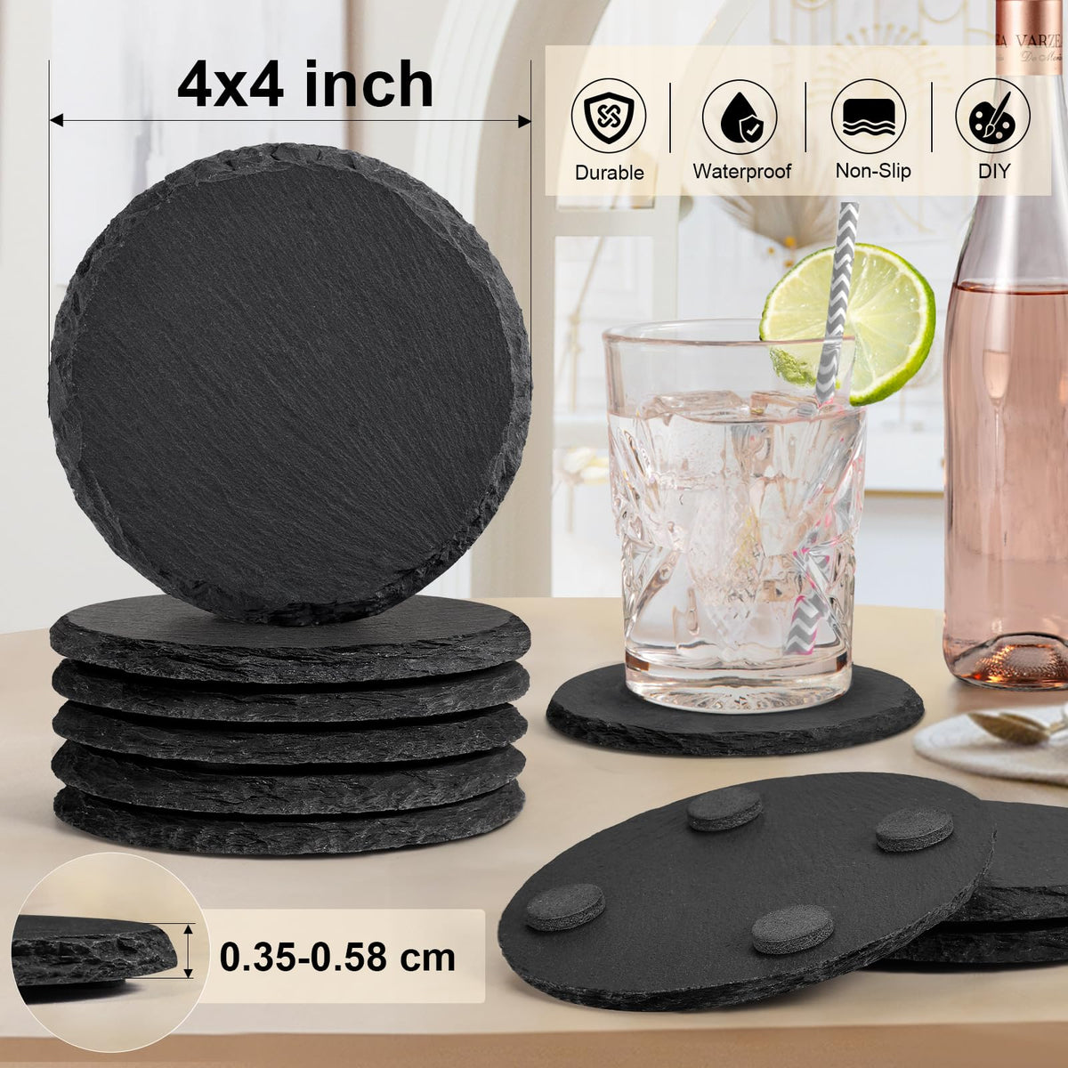 48 PCS Slate Coasters Bulk, MAPRIAL Laser Engraving Blanks Material for Engraver, 4 Inch 24 PCS Natural Square, 24 PCS Round Black Stone Coasters for Drinks, Gifts, Wedding Party, Decor, Christmas