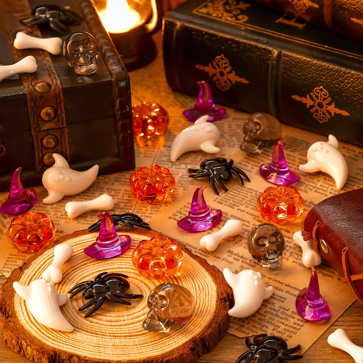 ZHWKMYP 220 Pcs Halloween Vase Filler, Mini Acrylic Pumpkin Ghost Skull Spider Witch Hats Gems for Centerpieces Table Decorations, Halloween Sensory Bin Filler Decor for DIY Crafts