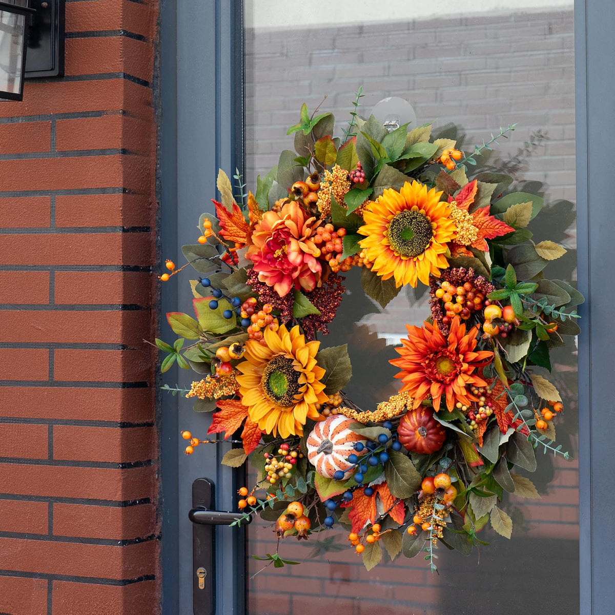 Fall Wreaths for Front Door – 24 Inch Autumn Wreath with Pumpkins, Sunflowers, Berries & Maple Leaves – Fall Door Wreath for Outdoor Thanksgiving, Halloween & Harvest Decor