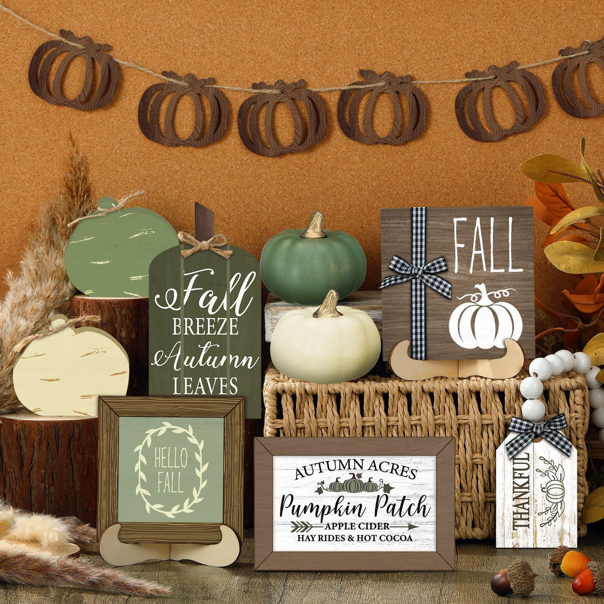 Reallnaive 18 Pcs Fall Thanksgiving Tiered Tray Decor Set Pumpkin Buffalo Plaid Wood Sign Hello Fall Rustic Farmhouse Neutral Tray Decoration Tabletop Sign for Autumn Home Kitchen Festival(Sage Green)