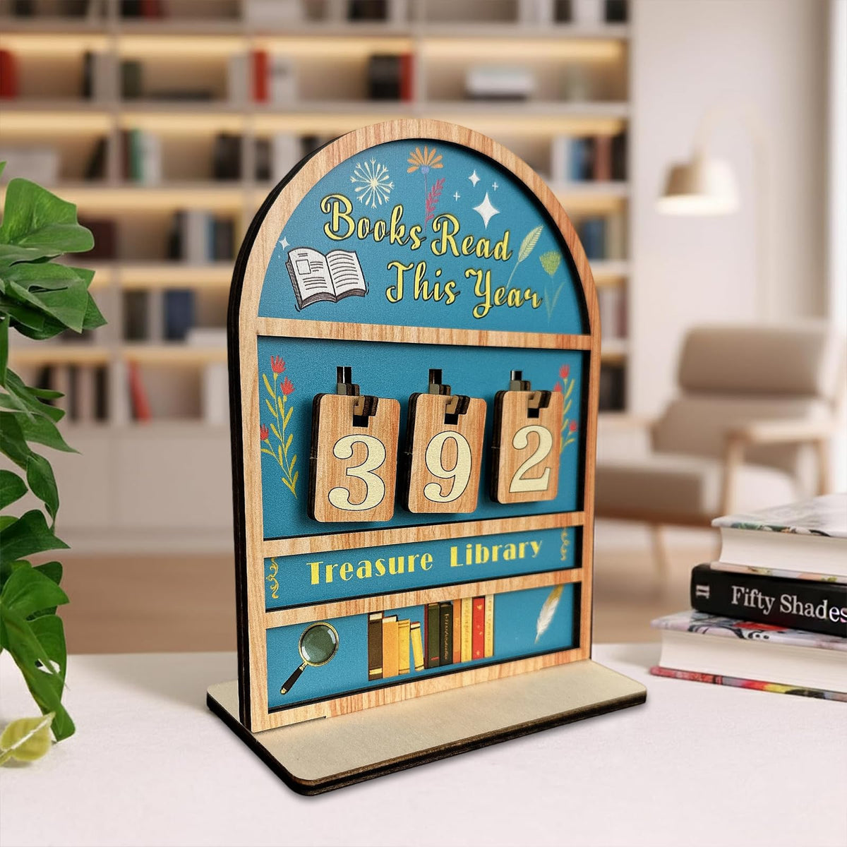 Reading Tracker Counter Sign, Wooden Books Read This Year Display, Book Lover Gift for Librarian, Reader, Teacher, Women, Wall and Table Decor for Home Library, Teachers, Book Lovers（light blue）