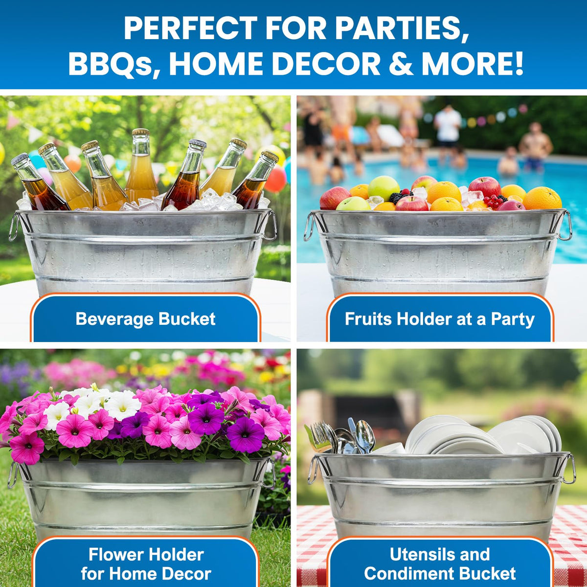 PLEXON Metal Ice Bucket for Parties - Galvanized Tub with Handles - Beverage Tub - Ice Bucket for Cocktail Bar Restaurant - Drink Beer Champagne Chiller Cooler - 5.3 Gallon (20L), Set of 2
