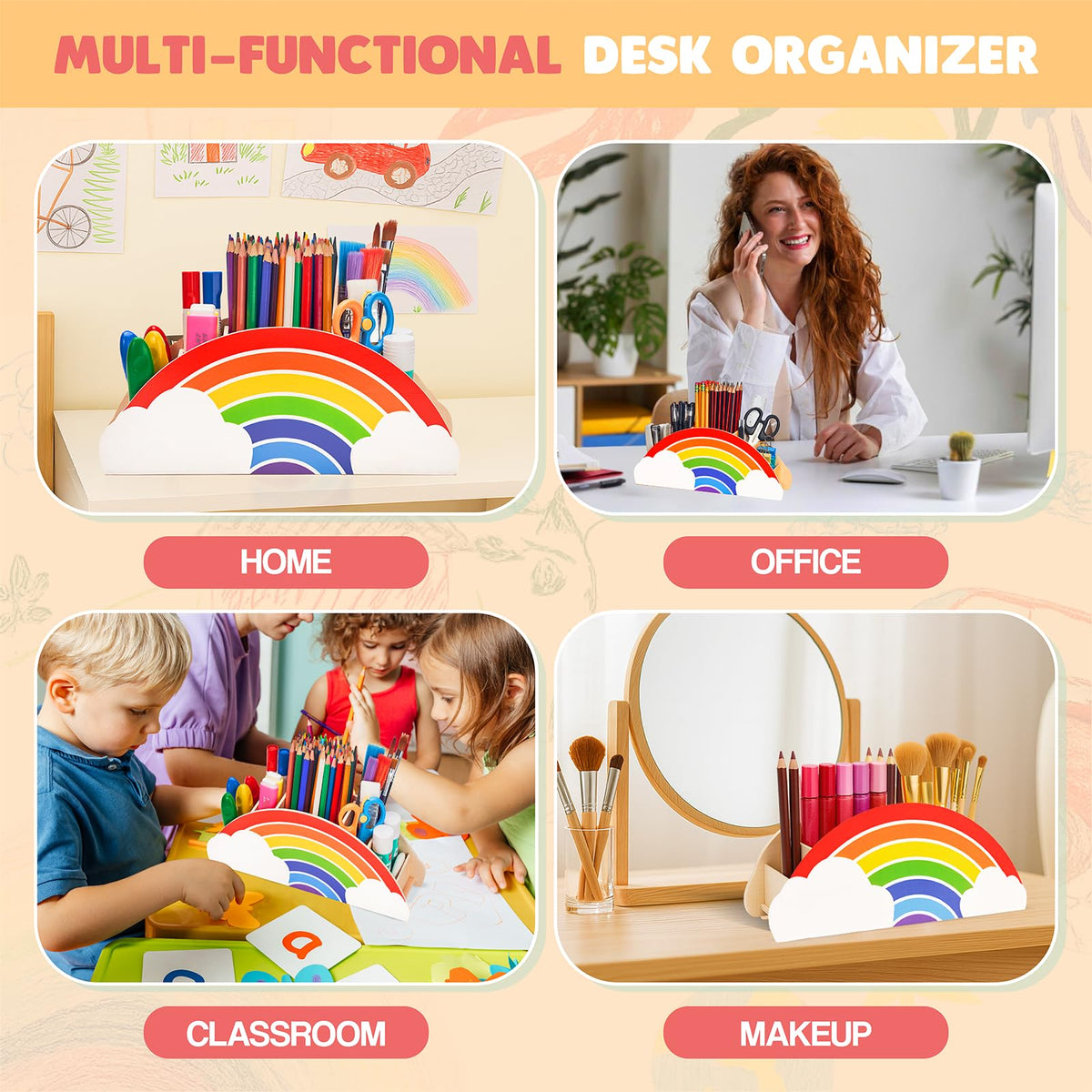 GAMENOTE Rainbow Wooden Desk Organizer Natural Wood No Smell Childfriendly Cute Pen Pencil Holder Caddy for Office Supplies Classroom for Art Supply Makeup Brush Storage for Kids Present