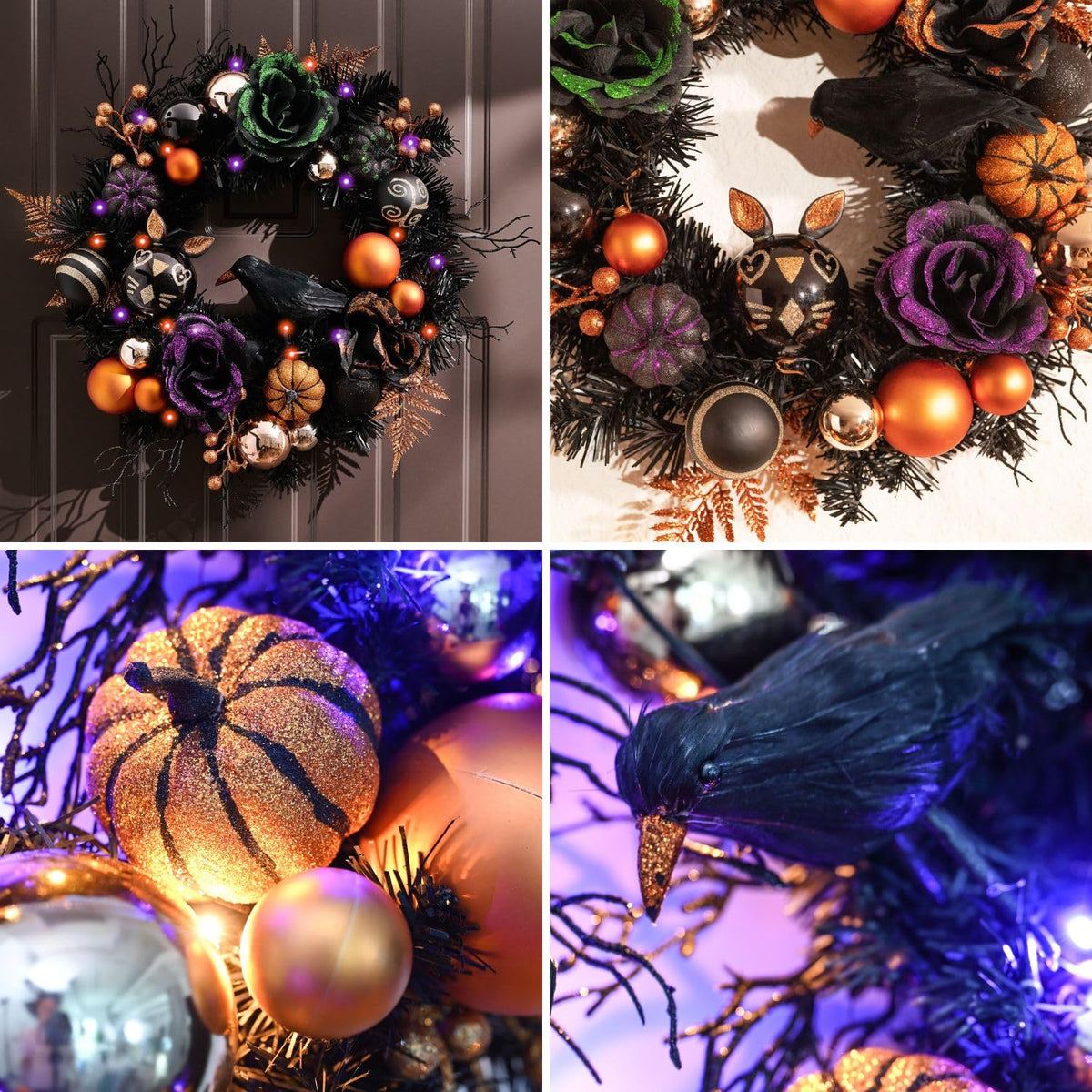 Valery Madelyn 24 Inch Halloween Wreath with Lights for Front Door, Collapsible Pre-Lit Wreath with Fake Crow Pumpkin Halloween Decorations for Home Wall Decor