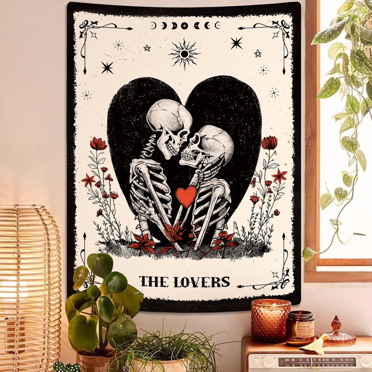 ARTCREATOR The Lovers Skull Tapestry Wall Hanging Black and White Skeleton Tapestries Vertical Witchy Gothic Wall Bedroom Decor for Living Room Bedroom (59" x 78")