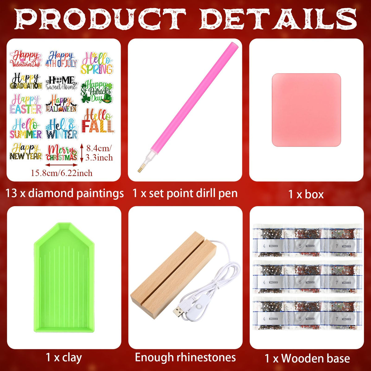 Chunful 13 Pcs Seasonal Diamond Art Tabletop Interchangeable Holiday Diamond Art Painting Kit with Wooden Light Base for 4th of July Summer Table Tiered Tray Home Office Tabletop Centerpiece Decor