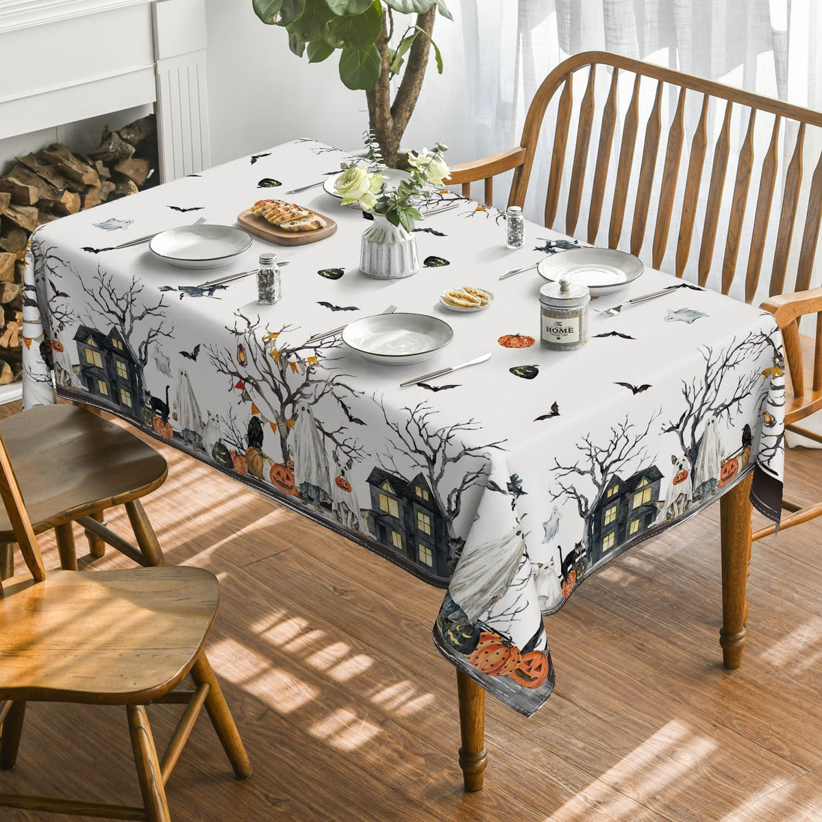 Horaldaily Halloween Tablecloth 60×60 Inch Square, Jack-O-Lantern Pumpkin Cobweb Ghost Dog Washable Table Cover for Party Picnic Dinner Decor
