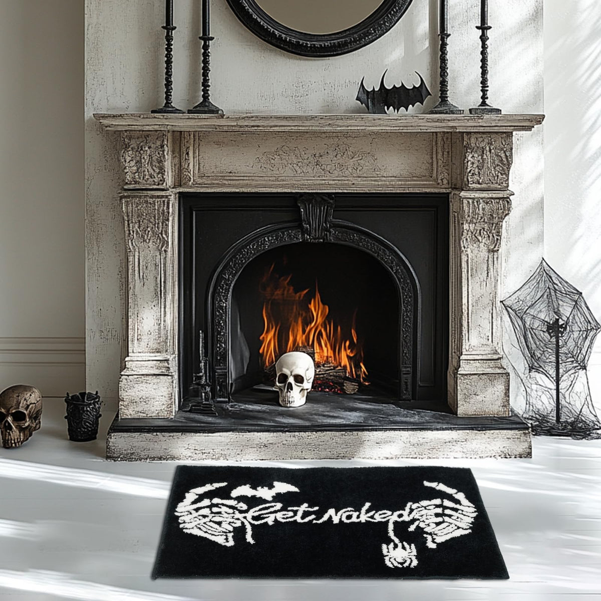 Lindameler Get Naked Gothic Bath Mat Black White Gothic Bathroom Rug Skull Skeleton Get Naked Bath Mat Non-Slip Rug Washable Goth Bath Rug for Front Door, Bedroom, Living Home Decor 20x32 inch