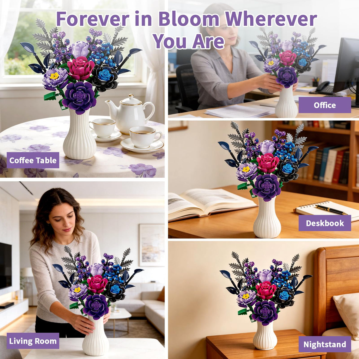 YOIUSFR 759 Pcs Purple Rose Flower Bouquet Building Set, Botanical Collection Kit Artificial Fake Flowers Blocks, Home Table Decor Aesthetic for Gifts for Birthday, DIY Craft