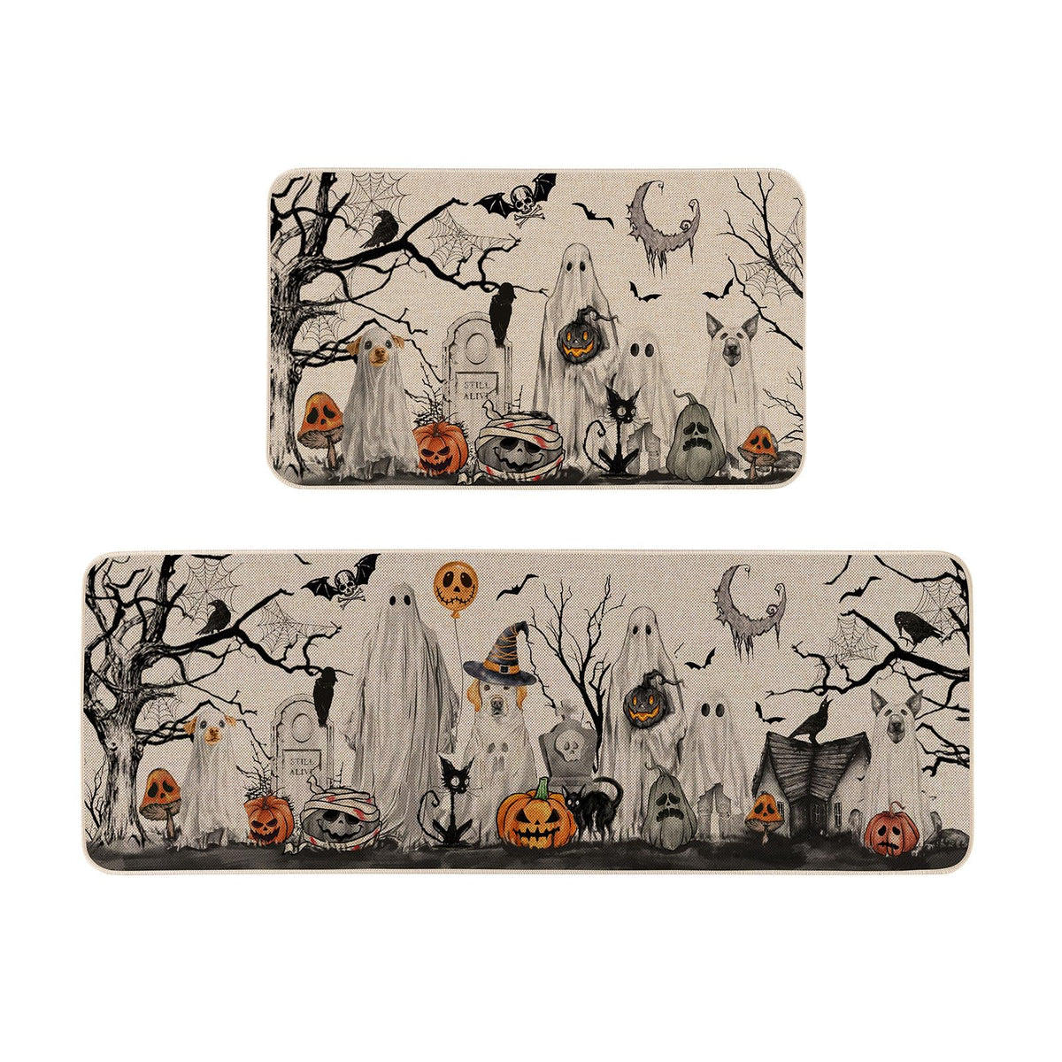 Moutina Halloween Boo Dog Ghost Decorative Kitchen Rugs Set of 2, Halloween Holiday Party Home Decor Low-Profile Kitchen Mats for Floor - 17x29 and 17x47 Inch