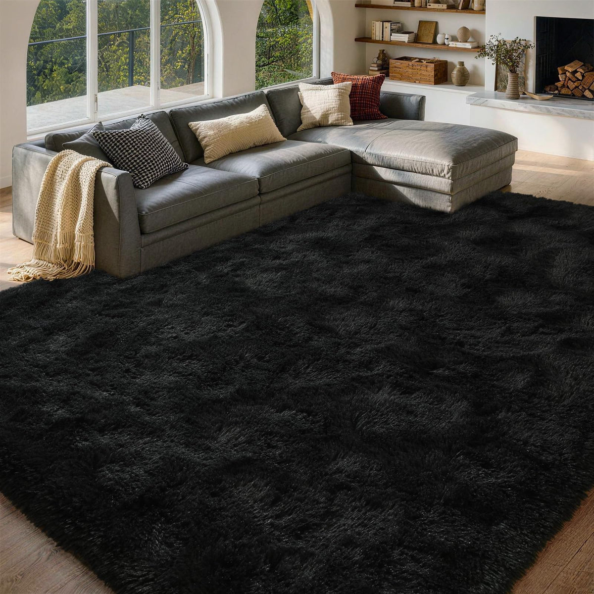 FinRèc 8x10 Feet Area Rugs for Living Room Bedroom, Fluffy Shaggy Large Rug, Non-Slip Soft Black Fuzzy Rugs for Nursery Kids Room Dorm Room Home Decor, Indoor Plush Floor Carpet