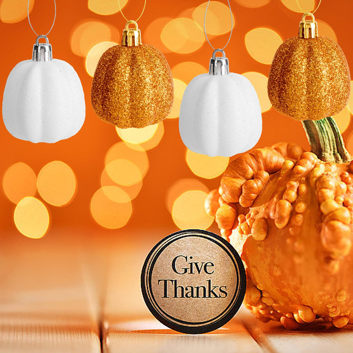 16 Pcs Fall Thanksgiving Pumpkin Hanging Ornaments- 2.2" x 1.8" Glitter Fall Pumpkin Tree Ornaments- Shatterproof Farmhouse Rustic Hanging Pumpkins Decoration for Autumn Thanksgiving Xmas Home Decor