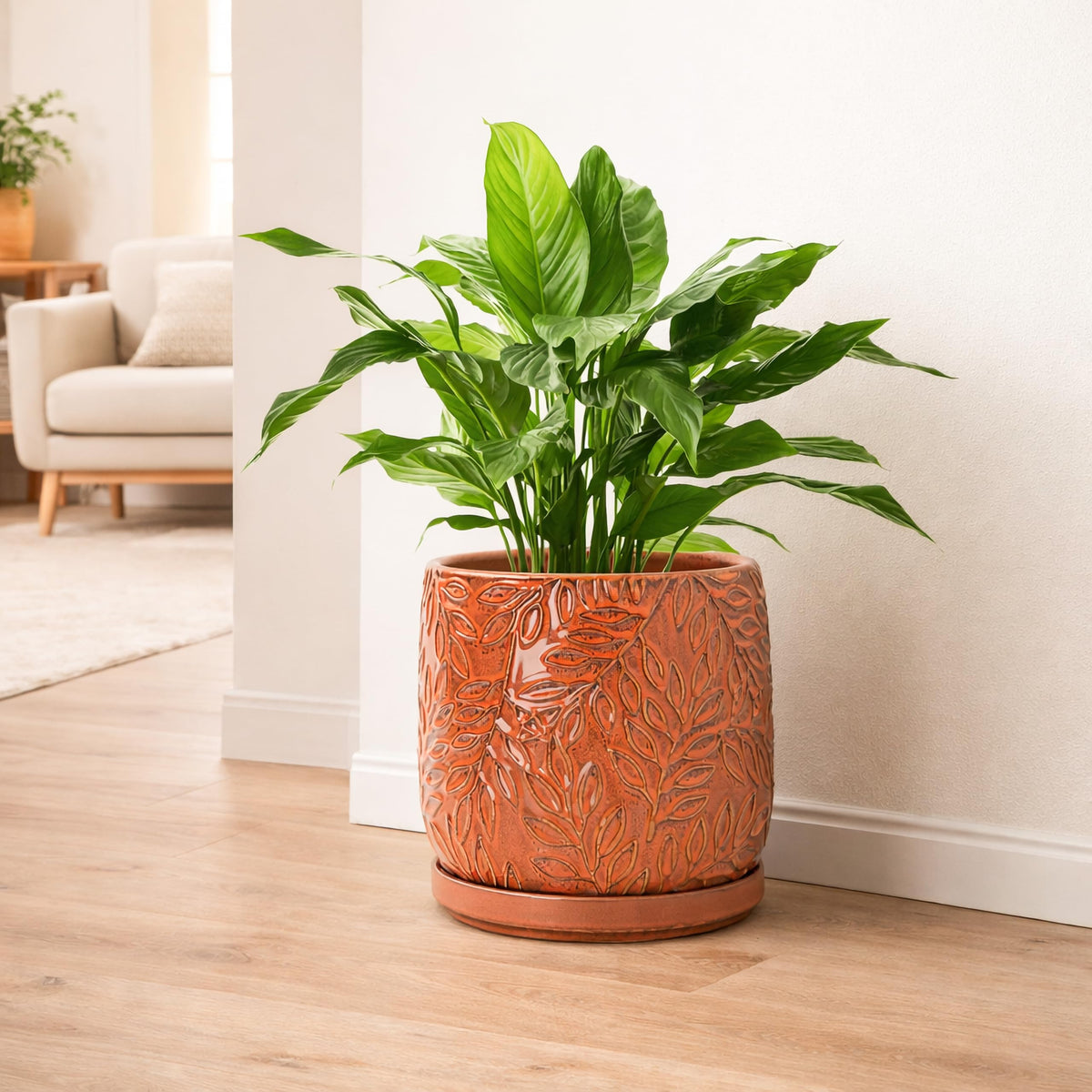 D'vine Dev 8 Inch Embossed Leaves Stoneware Planter Pot with Drainage Hole and Saucer, Pumpkin, 27-A-Q-J