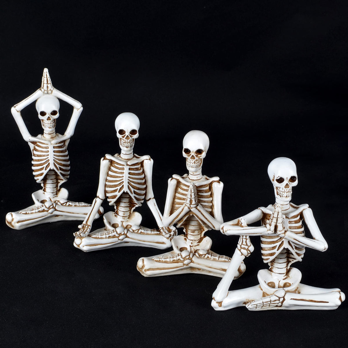 JORAE Yoga Skeletons Statue Set of 4 Bone Stretchers Halloween Figurines Meditating Table Collectible Home Decorative, Polyresin (White-Set 4)