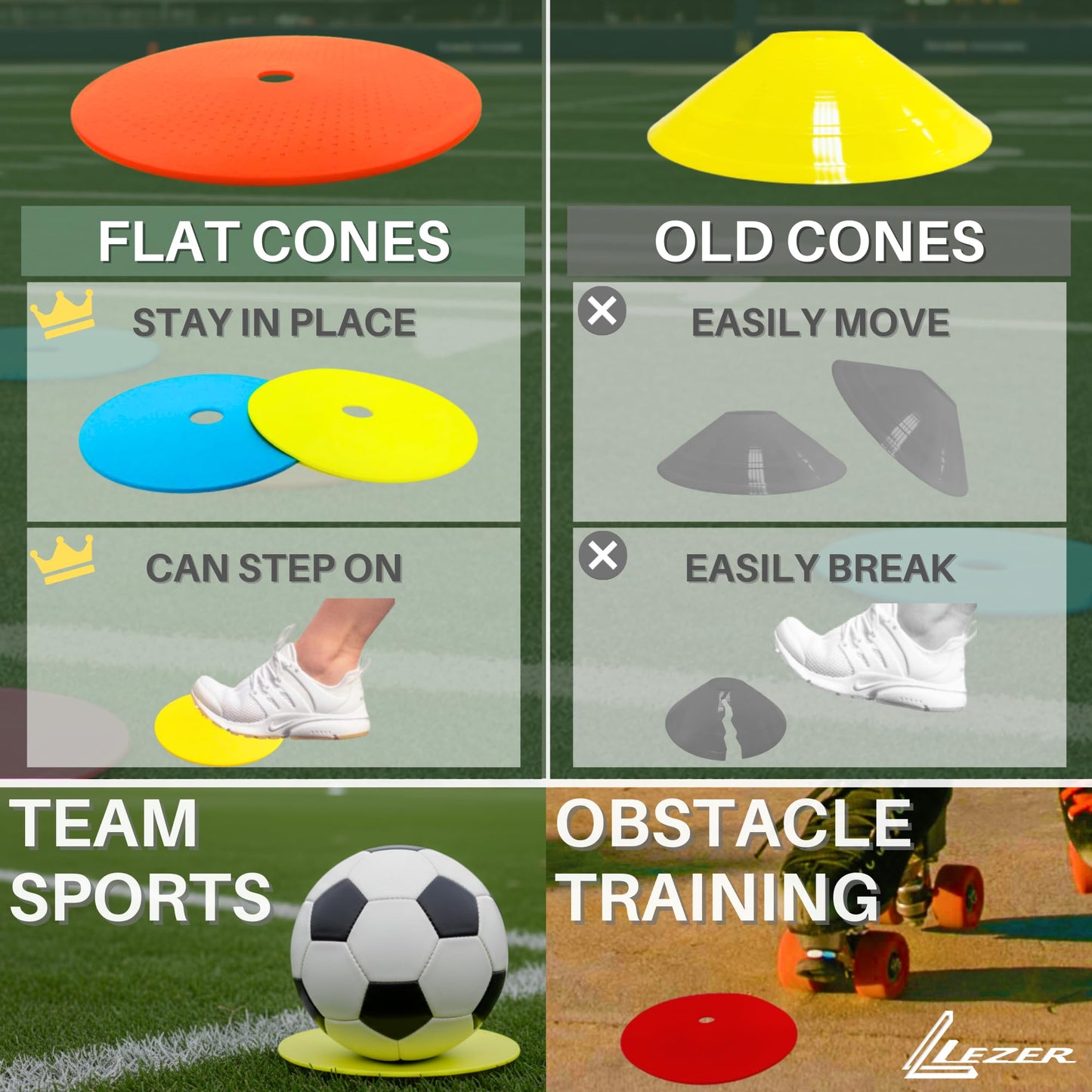 LEZER 6 Inch Flat Cones, Spot Markers, Soccer Cones, Field Court Markers, Sit Spots, Flat Discs, Soccer Training Equipment, Agility Practice, Football, Made in Taiwan, Set of 12