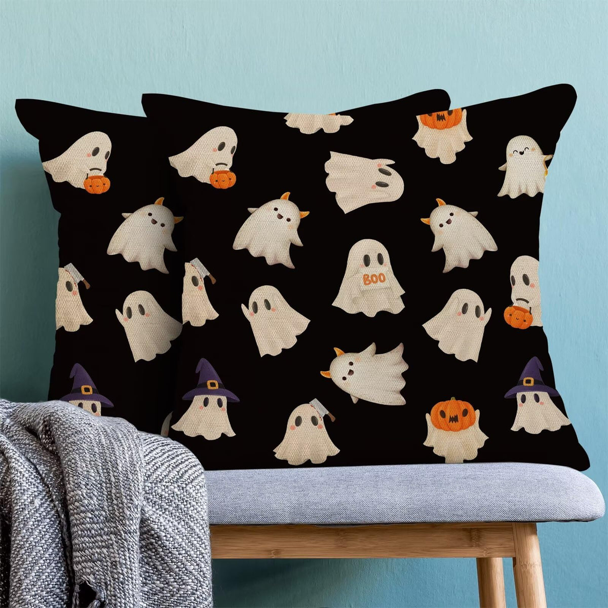 Jecuwo Halloween Pillow Covers 16x16 Inch Set of 2, Happy Halloween Funny Ghost Pumpkin Decorative Throw Pillowcase Black and White Ghost Cushion Cover for Sofa Couch Living Room Bed Decor