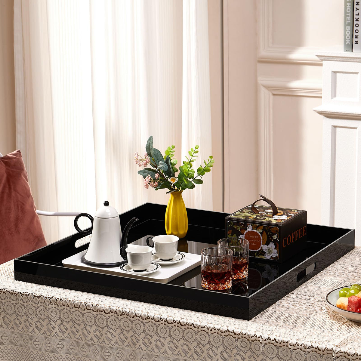 17×17 inches Oversized Black Acrylic Ottoman Tray Extra Large Decorative Tray Spill-Proof Serving Trays with Handles King-Size Safe Edge Organizer for Coffee Table Countertop Breakfast