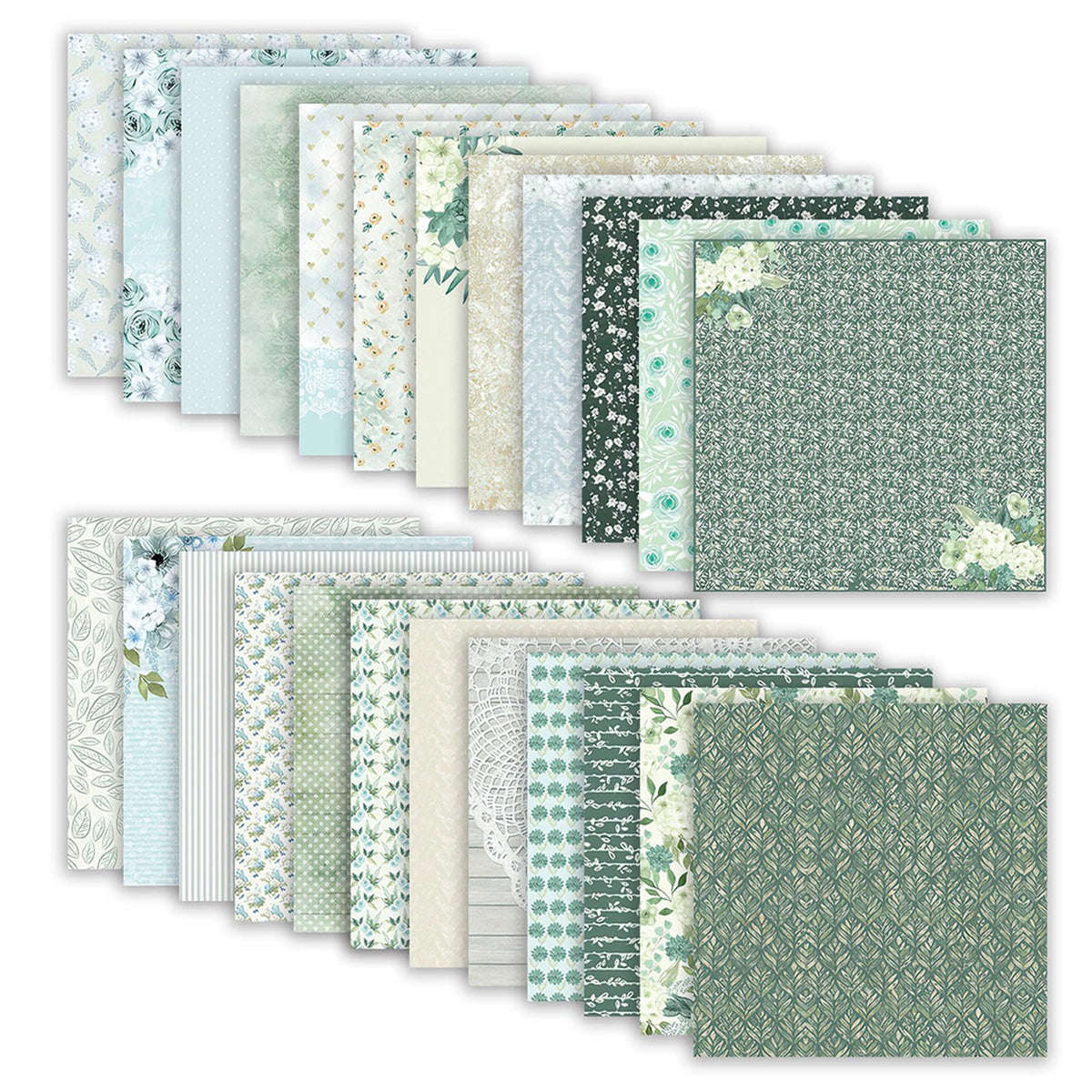 24 Sheets Scrapbook Paper, 12 x 12 Inch Floral Background Decorative Paper, Double Sided Romantic Patterned Scrapbooking Paper, Scrapbooking Supplies for DIY Album Decoupage or Card Making (Green)