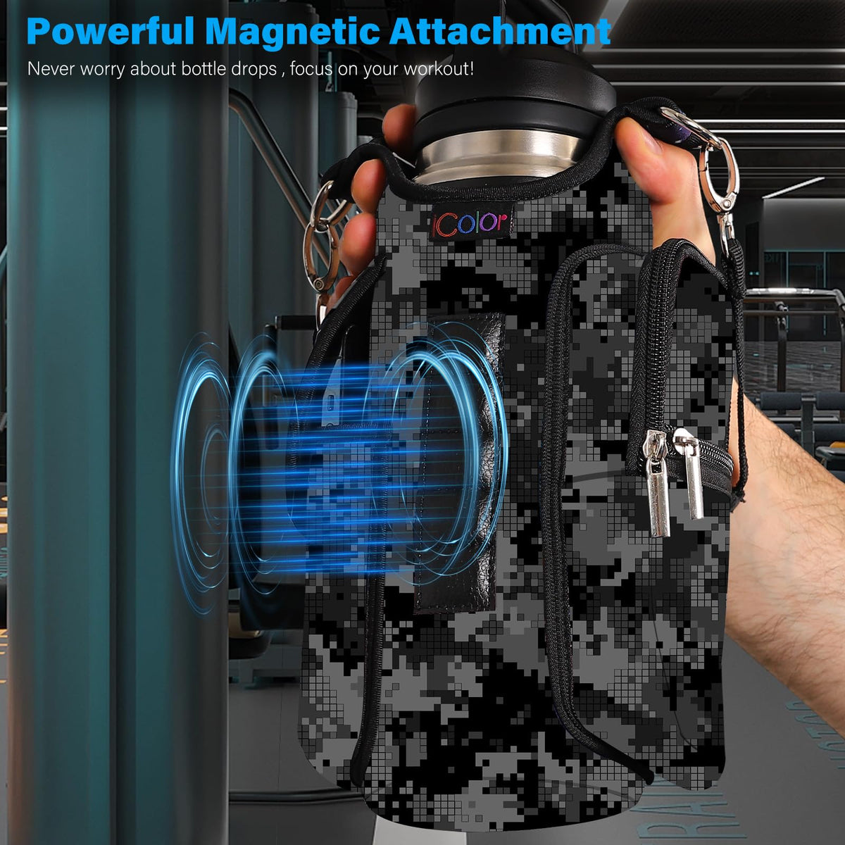 icolor Magnetic Gym Bag Water Bottle Holder with Phone Pockets,5 Built-in Magnets Gym Magnetic Bag Pouch Attach to Fitness Equipment,Diameter 3.9" Bottle Carrier Sling Bag