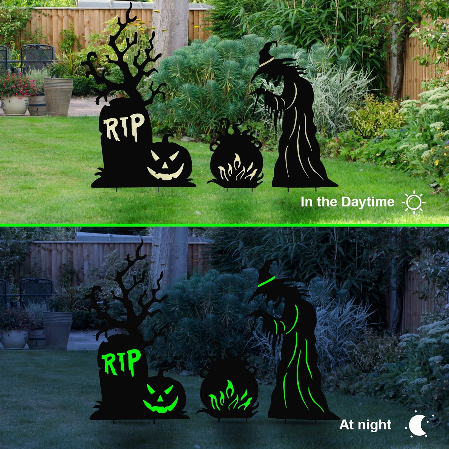 3 Pack Halloween Yard Signs Outdoor Decorations - Glow in the Dark Scary Witch Tombstone Cauldron Metal Stakes, Waterproof Fluorescent Lawn Garden Halloween Decor for Graveyard Party (Witch Tombstone Cauldron, 3 Pack)