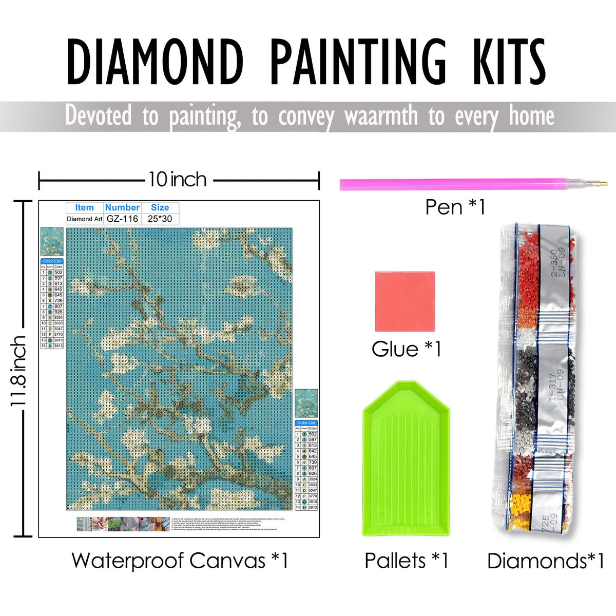 FUHYGU Diamond Painting Kit 9.8x11.8 Inches – Almond Blossom Inspired Painting, DIY Full Drill Diamond Art Kit for Adults, Classic Art Floral Wall Decor