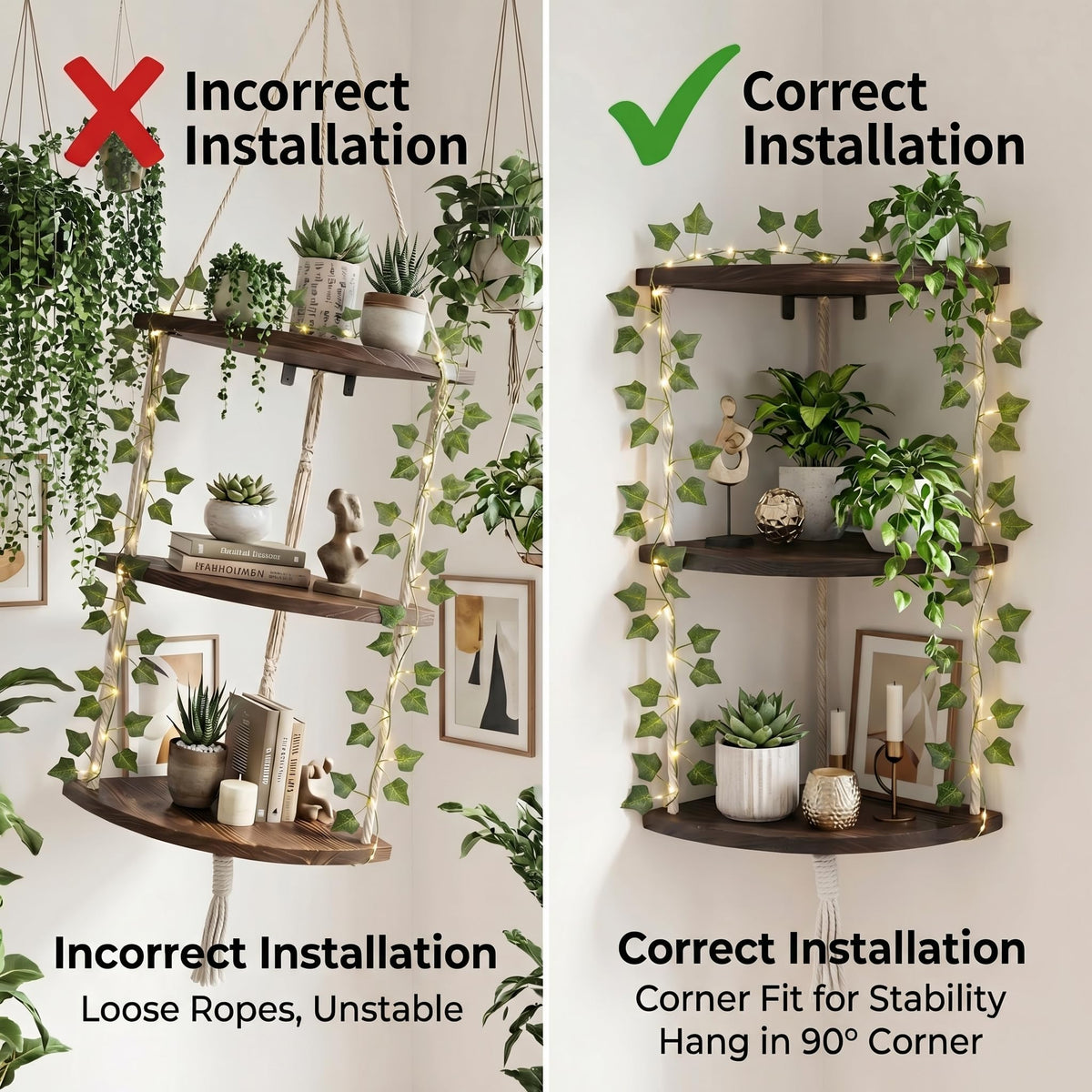 REFGY 3-Tier Corner Floating Shelves with Aesthetic Greenery & Fairy Lights - Premium Wood-Textured Boho Wall Hanging Shelf - Stable L-Bracket Support for Home Decor, Office & Small Spaces