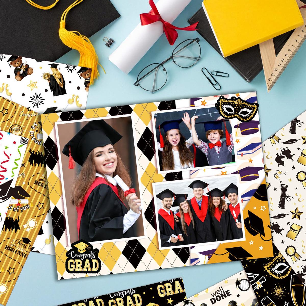Konsait 24 Sheets Graduation Scrapbook Paper 12x12, Double Sided Grad Patterned Paper Black and Gold Decorative Cardstock Graduation Origami Papers for Card Making Scrapbook Supplies